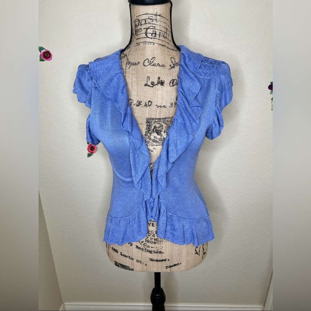 NTM: Massimo Dutti Hard to Find Short Sleeve Ruffled Light Blue Cardigan Sz L